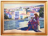 woman on dock by Howard Behrens, oil on canvas, sold Jan 2023