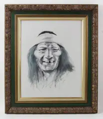 portrait of a Native American man by Jim Abeita, ink wash on canvas, sold Jan 2023