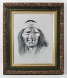 portrait of a Native American man by Jim Abeita, ink wash on canvas, sold Jan 2023