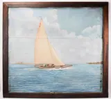 Marblehead Q boat by Ellen H. Sturgis Dixey, oil on tin, sold Apr 2023