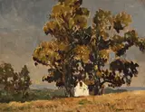 Landscape with Farmhouse and Massive Blue gum Trees by Frank Sydney Spears, oil on canvas mounted on board, sold Jul 2021