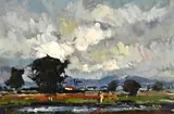 Landscape with Couple Standing on a River Bank by Wessel Marais, oil on board, sold Jul 2021