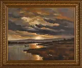 Landscape with Lake and Boats by Signed Scott D., oil on canvas mounted on board, sold Jul 2021
