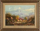 Rocky Landscape with Path Through Mountains by Reginald A. Grattan, oil on board, sold Jul 2021