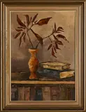 Still Life with Poinsettia and Books by Jean Doyle, oil on canvas, sold Jul 2021
