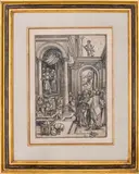 Presentation of the Virgin in the Temple" from "The Life of the Virgin by Albrecht Durer, woodcut on paper, sold Sep 2021