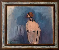 Lonely Actor, depicting a female figure on blue background by Moshe Mokady, oil on canvas, sold Dec 2021