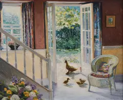 Visitors' quaint interior scene with open doors, duck and ducklings by Stephen J. Darbishire, oil on board, sold Apr 2025