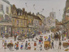 Stratford upon Avon' within a washline card mount with illustration and moulded gilt frame, under glass 19.5cm x 24.5cm & 37.5cm x 42.5cm some losses to frame by Diane Elson, ink and watercolour, sold Feb 2025