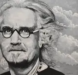 Billy Connolly' monochrome portrait of the famous Scottish comedian and musician by Olly Alcock, acrylic on board, sold Jan 2025