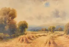 Harvest in Yorkshire' signed and entitled to lower corvers, within a gilt card mount and moulded gilt frame, under glass 18.5cm x 26.5cm & 35cm x 43cm overall by Thomas Dudley, watercolour, sold Jan 2025
