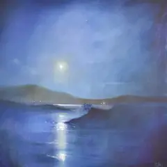 Moon over Scalpay' signed lower right, entitled in ink verso, unframed, 50.5cm x 50.5cm overall by Willie Fulton, oil on canvas, sold Dec 2024