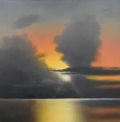 ve Been Here Before' a vibrant coastal sunset scene with pier and lone figure walking by Lawrence Coulson, oil on board, sold Dec 2024