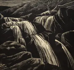 The Waterfall by John Hamilton Holden, woodcut, sold Aug 2024