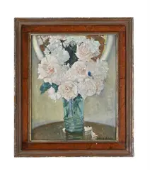 Vase with roses by Alfred Palmer, Oil on board, sold Jul 2025