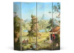 Excursion into fantasy (folding screens) by Michael Dillon, 1989, Oil on board, two folding panels each in three sections, sold Jul 2025