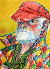 Self-portrait in red cap by Sven Berlin, Oil on board, sold Jul 2025