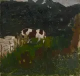 Piebald pony and the beehives by Stanley Spencer, Oil on card, sold Jul 2025