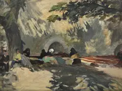 Mending nets by Hilda Carline, Oil on board, sold Jul 2025