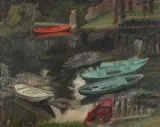Rowing boats by the banks of the river by Hilda Carline, Oil on board, sold Jul 2025