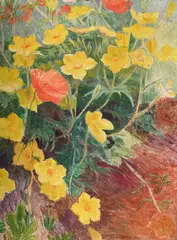 Marrow flowers and poppies by Sydney Carline, 1927, Oil on board, sold Jul 2025