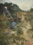 Harebells, sydney & hilda on a seesaw by George Francis Carline, 1892, Oil on panel, sold Jul 2025
