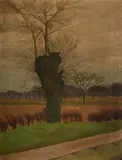 Winter landscape near oxford by Gilbert Spencer, 1923, Oil on canvas, sold Jul 2025