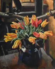 Early spring, still life of tulips by Adrian Allinson, Oil on canvas, sold Jul 2025