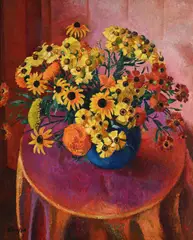 Still life of marigolds and echinacea by Adrian Allinson, Oil on canvas, sold Jul 2025