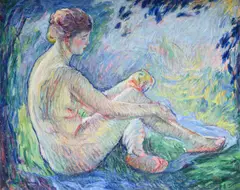 Seated nude with apple by William Malherbe, Oil on canvas, sold Jul 2025
