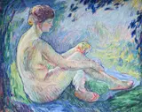 Seated nude with apple by William Malherbe, Oil on canvas, sold Jul 2025