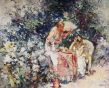Tea in the garden by Jose Royo, Oil on canvas, sold Jul 2025