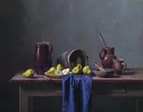 Pears with an antique wooden pail by Eric De Vree, 2000, Oil on board, sold Jul 2025