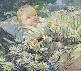 Baby in a pram amongst the daisies by Dorothea Sharp, Oil on canvas, sold Jul 2025