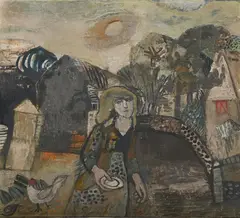 Figure holding a saucer beside the village bridge by Gwyneth Johnstone, Oil on board, sold Jul 2025