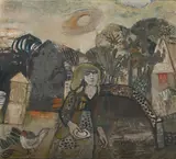Figure holding a saucer beside the village bridge by Gwyneth Johnstone, Oil on board, sold Jul 2025