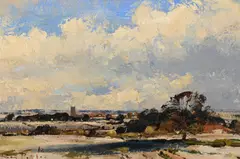 Landscape with church beyond by Roy Petley, Oil on canvas laid to board, sold Jul 2025