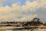 Landscape with church beyond by Roy Petley, Oil on canvas laid to board, sold Jul 2025