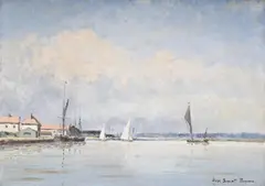 Boats on the river blackwater, maldon, essex by Hugh Boycott-Brown, Oil on board, sold Jul 2025