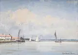 Boats on the river blackwater, maldon, essex by Hugh Boycott-Brown, Oil on board, sold Jul 2025