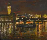 Boats at westminster, late night by Victor Willis, Oil on canvas, sold Jul 2025