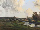 Cows grazing in a river landscape by James Humbert Craig, Oil on board, sold Jul 2025