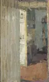 Llwynhir, cottage interior by Bernard Dunstan, Oil on board, sold Jul 2025