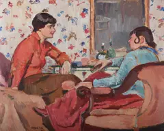 Afternoon conversation by Clifford Eric Martin Hall, 1935, Oil on board, sold Jul 2025