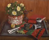 Still life with flowers and red books on a tray by Gail Lilley, Pastel, sold Jul 2025
