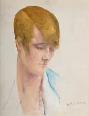 Portrait head by Alfred Wolmark, Oil on canvas-board, sold Jul 2025