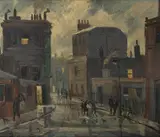 Camden town in the rain by Trevor Makinson, Oil on canvas, sold Jul 2025