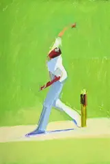 Caddick bowling by Andy Pankhurst, 2003, Oil on canvas, sold Jul 2025