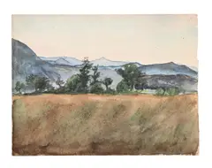 Landscape with mountains by Hilda Carline, Watercolour, sold Jul 2025