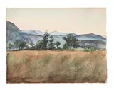 Landscape with mountains by Hilda Carline, Watercolour, sold Jul 2025